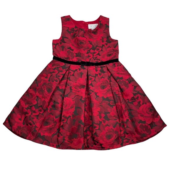 The Children's Place girls textured red floral sleeveless special occasion dress